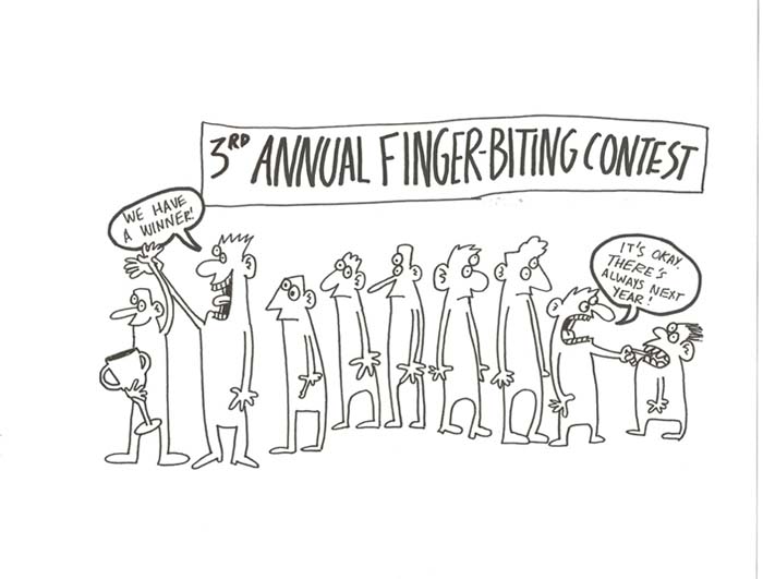 "3rd Annual Finger-biting Contest" is copyright ©2008 by Sam Henderson.  All rights reserved.  Reproduction prohibited.