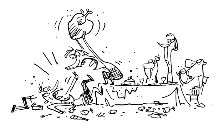 "Washington Post Illustration - Thanksgiving Hell" is copyright ©2008 by Bob Staake.  All rights reserved.  Reproduction prohibited.