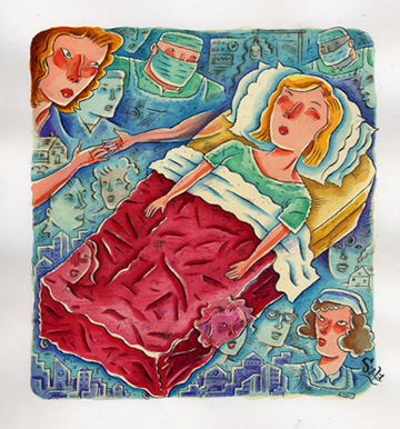 "As I Lay Dying (for Boston Globe Magazine)" is copyright ©2008 by Richard Sala.  All rights reserved.  Reproduction prohibited.