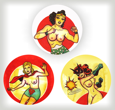 "Topless Super-Gals buttons" is copyright ©2008 by J.R. Williams.  All rights reserved.  Reproduction prohibited.