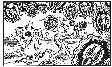 "LUTE STRING p. 28 panel 2" is copyright ©2008 by Jim Woodring.  All rights reserved.  Reproduction prohibited.
