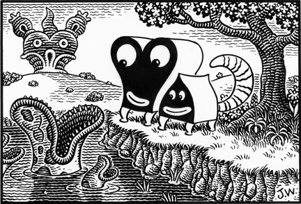 "PUPS BY THE RIVER" is copyright ©2008 by Jim Woodring.  All rights reserved.  Reproduction prohibited.