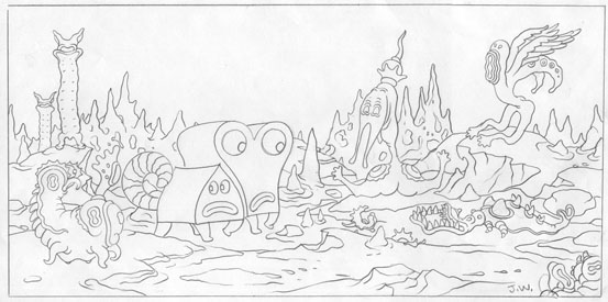 "PUPS IN SCARYLAND DRAWING" is copyright ©2008 by Jim Woodring.  All rights reserved.  Reproduction prohibited.