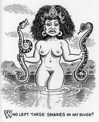 "WHO LEFT THESE SNAKES IN MY RIVER?" is copyright ©2008 by Jim Woodring.  All rights reserved.  Reproduction prohibited.