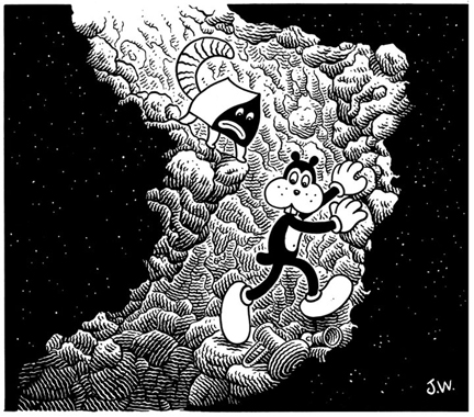 "FRANK AND PUPSHAW DESCEND" is copyright ©2008 by Jim Woodring.  All rights reserved.  Reproduction prohibited.